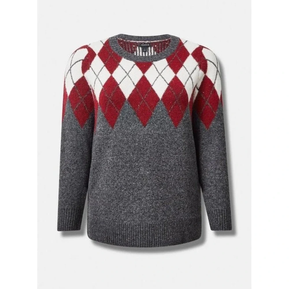 Torrid Argyle ‎ Vegan Cashmere Long Sleeve Crew Neck Sweater Size 1